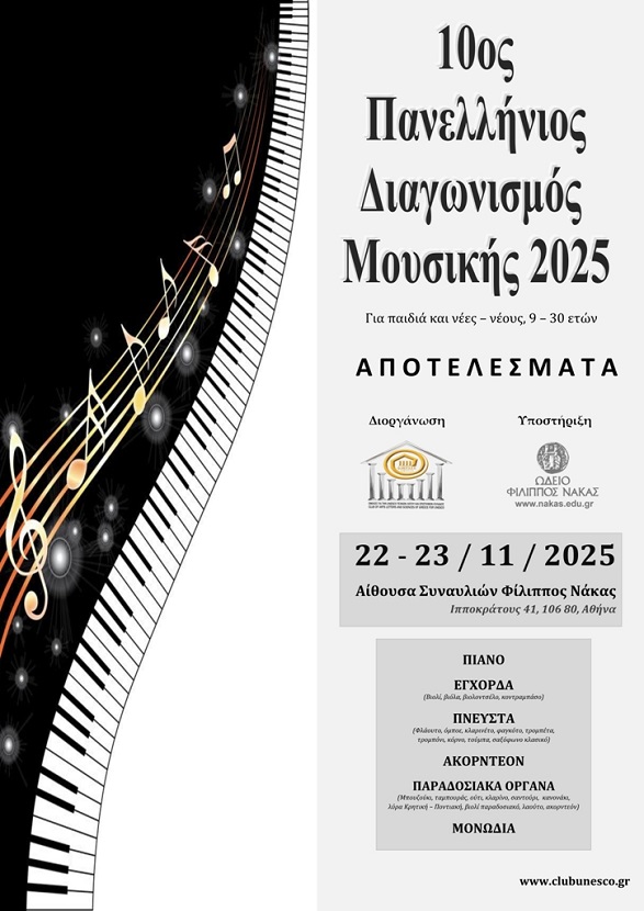 Αποτελέσματα 10ου Πανελλήνιου Διαγωνισμού Μουσικής 2025, Ομίλου για την UNESCO Τεχνών, Λόγου &amp; Επιστημών Ελλάδας